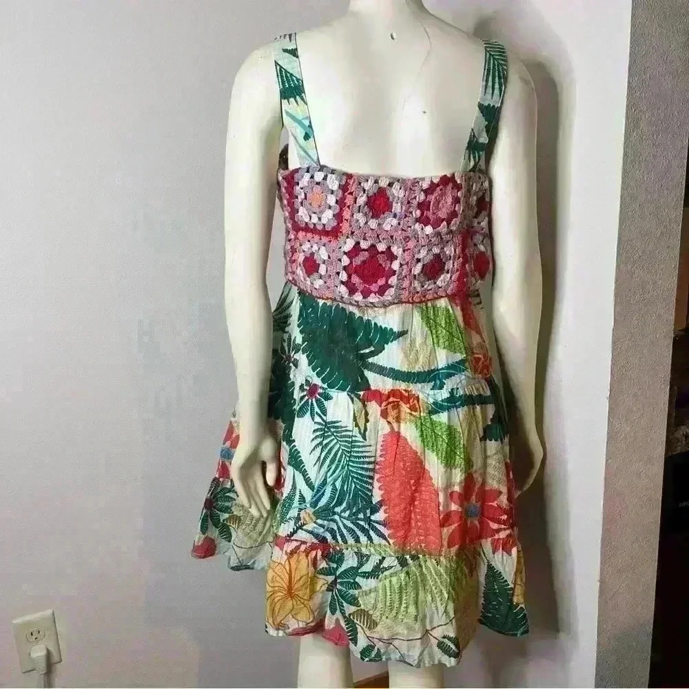 Farm Rio x Anthropologie Crochet Tropical Mini Dress S Pockets - Picture 10 of 11